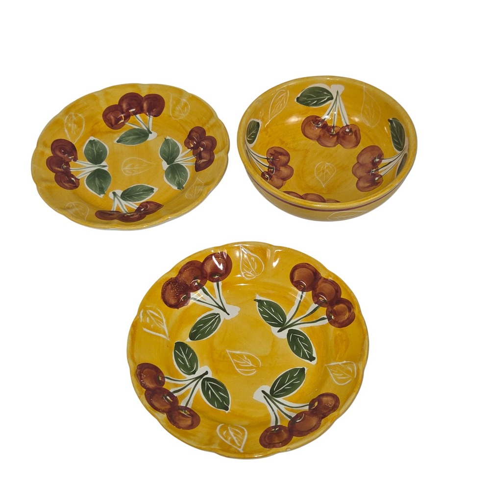 Pottery Barn Yellow Cherry Ceramic Set 1 Bowl 2 Scalloped Plates Made in Mexico